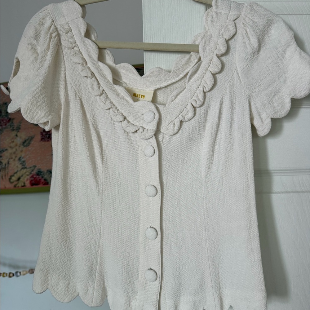 Anthropologie Cream Scallop-Trim Button Blouse